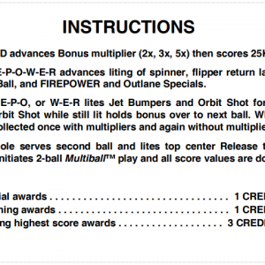 Firepower II (Williams, 1983) Instruction Card