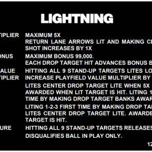 Lightning (Stern, 1981) Instruction Card