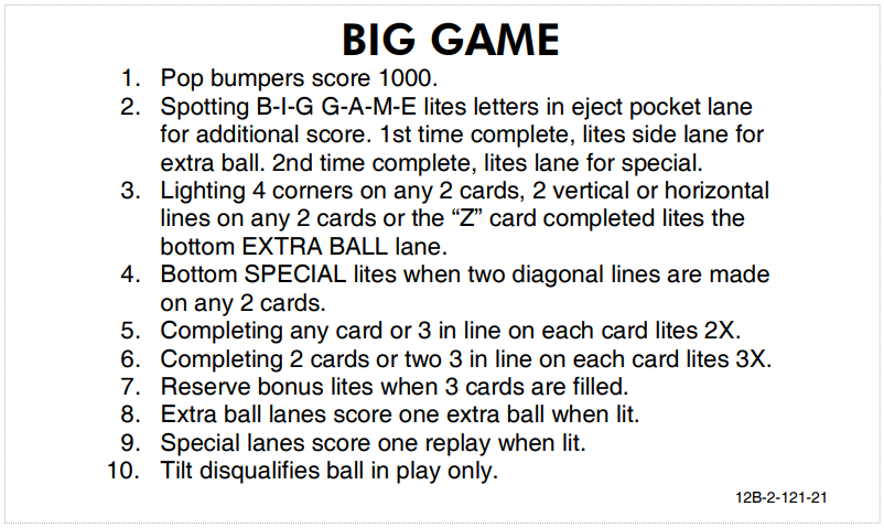 Big Game (Stern, 1980) Instruction Card