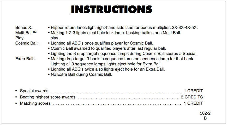 Cosmic Gunfight (Williams, 1982) Instruction Card