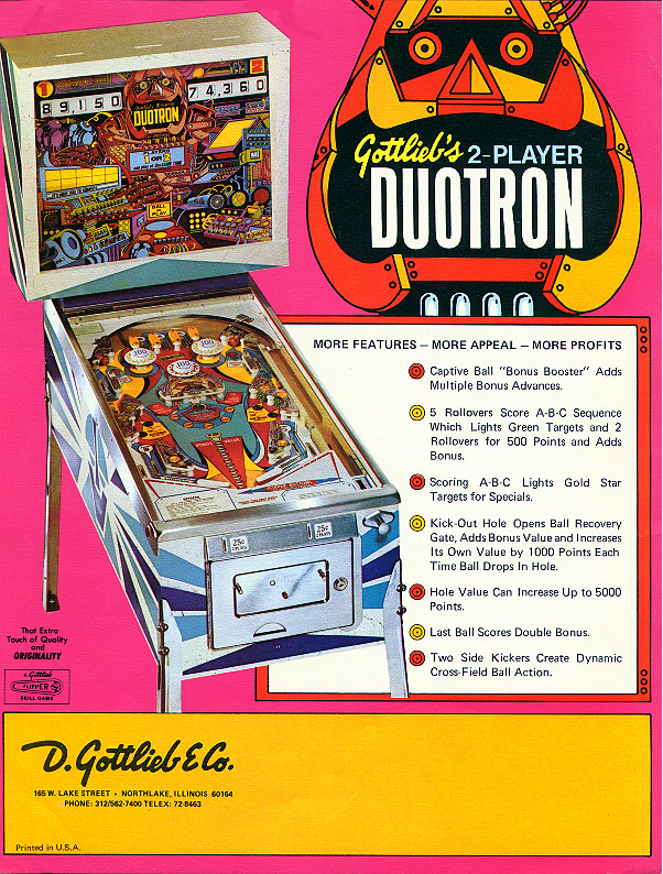 Duotron (Gottlieb, 1974) Flyer | Pinball Nirvana