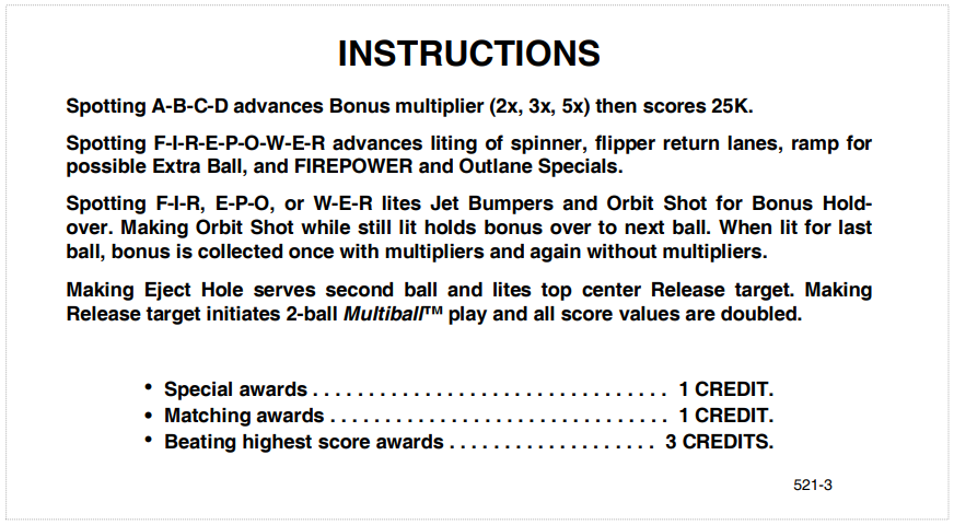 Firepower II (Williams, 1983) Instruction Card