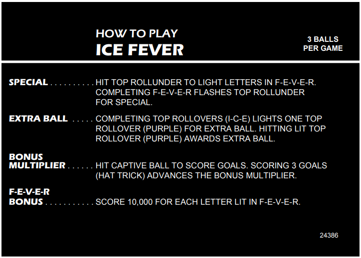 Ice Fever (Premier, 1985) Instruction Card