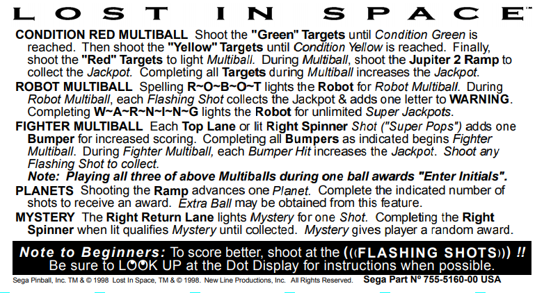 Lost In Space (Sega, 1998) Instruction Card