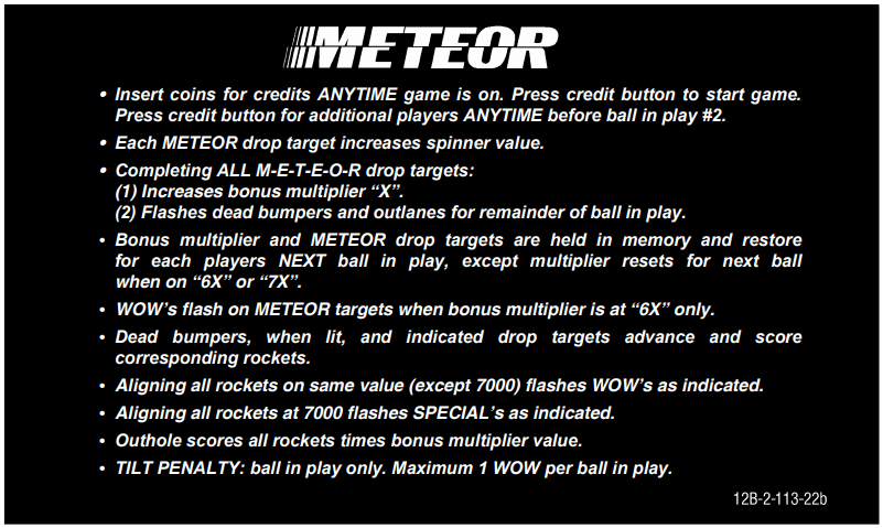 Meteor (Stern, 1979) Instruction Card