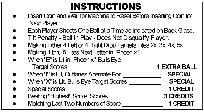 Phoenix (Williams, 1978) Instruction Card