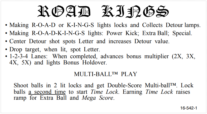 Road Kings (Williams, 1986) Instruction Card