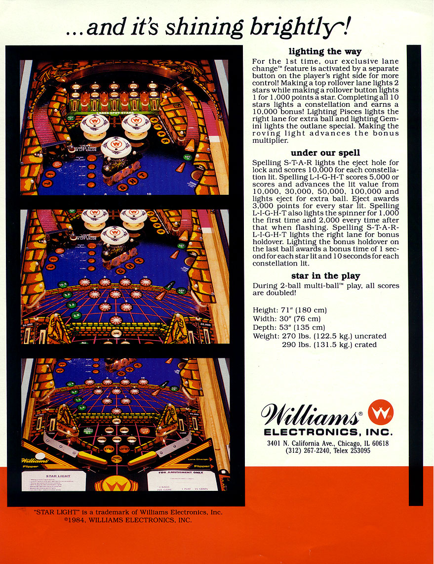 Star Light (Williams, 1984) Flyer (Back)